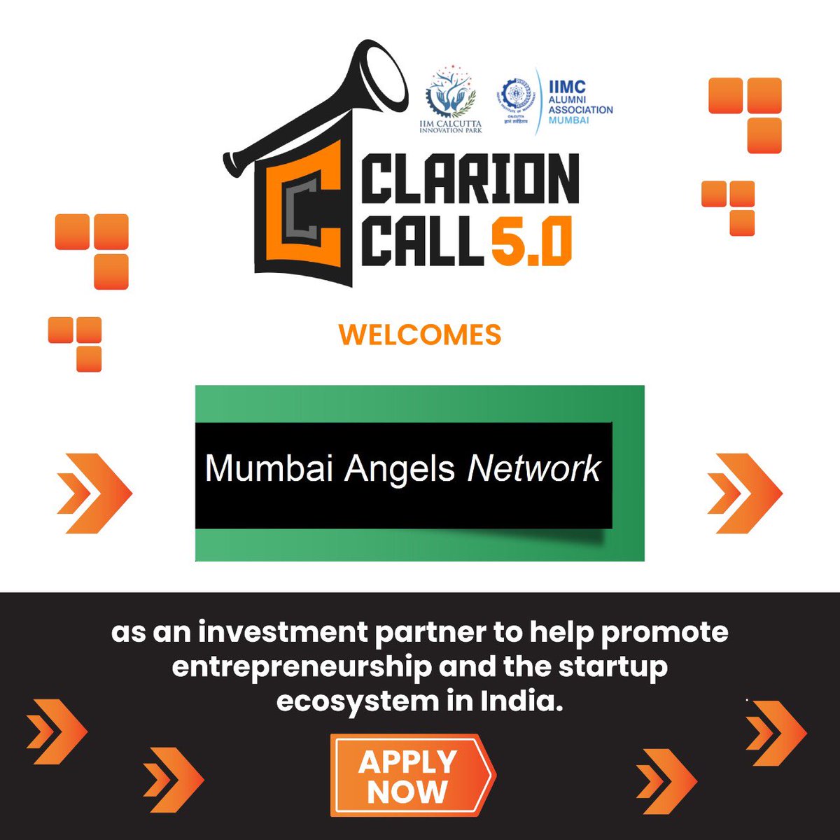 We welcome <a href="/MumbaiAngels/">Mumbai Angels</a> as our investment partner for Clarion Call 5.0. 
We believe that our combined efforts can help promote entrepreneurship in the start-up ecosystem in India.
.
Don’t miss the opportunity.
Apply Now! bit.ly/Clarion-Call 
.
 #ClarionCall5