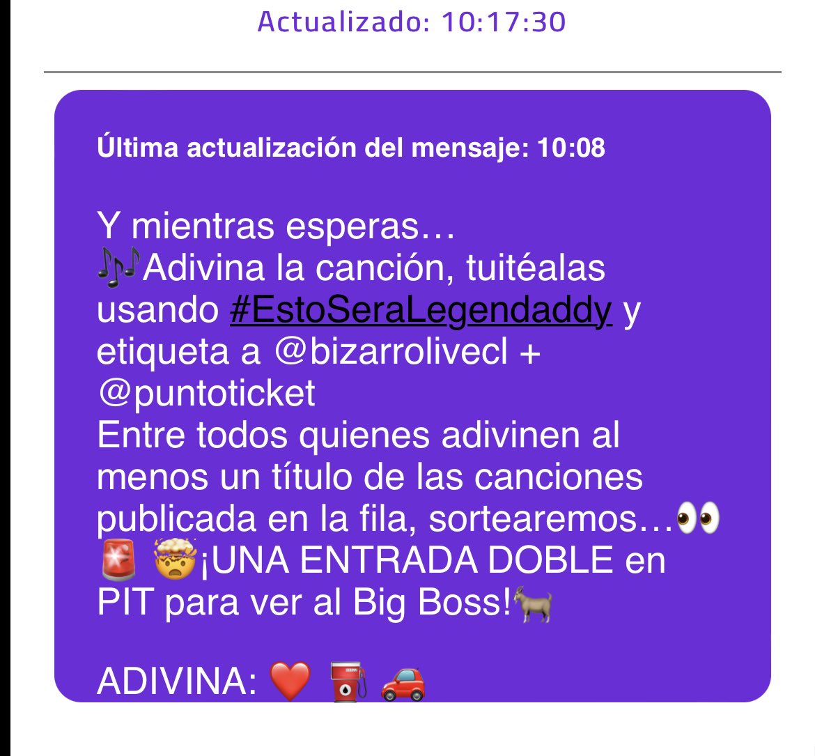 DominicqPool's tweet photo. #EstoseraLegendaddy La Gasolina 👀 @bizarrolivecl @puntoticket 🙏🙏❤️ https://t.co/ykwKOmFngD
