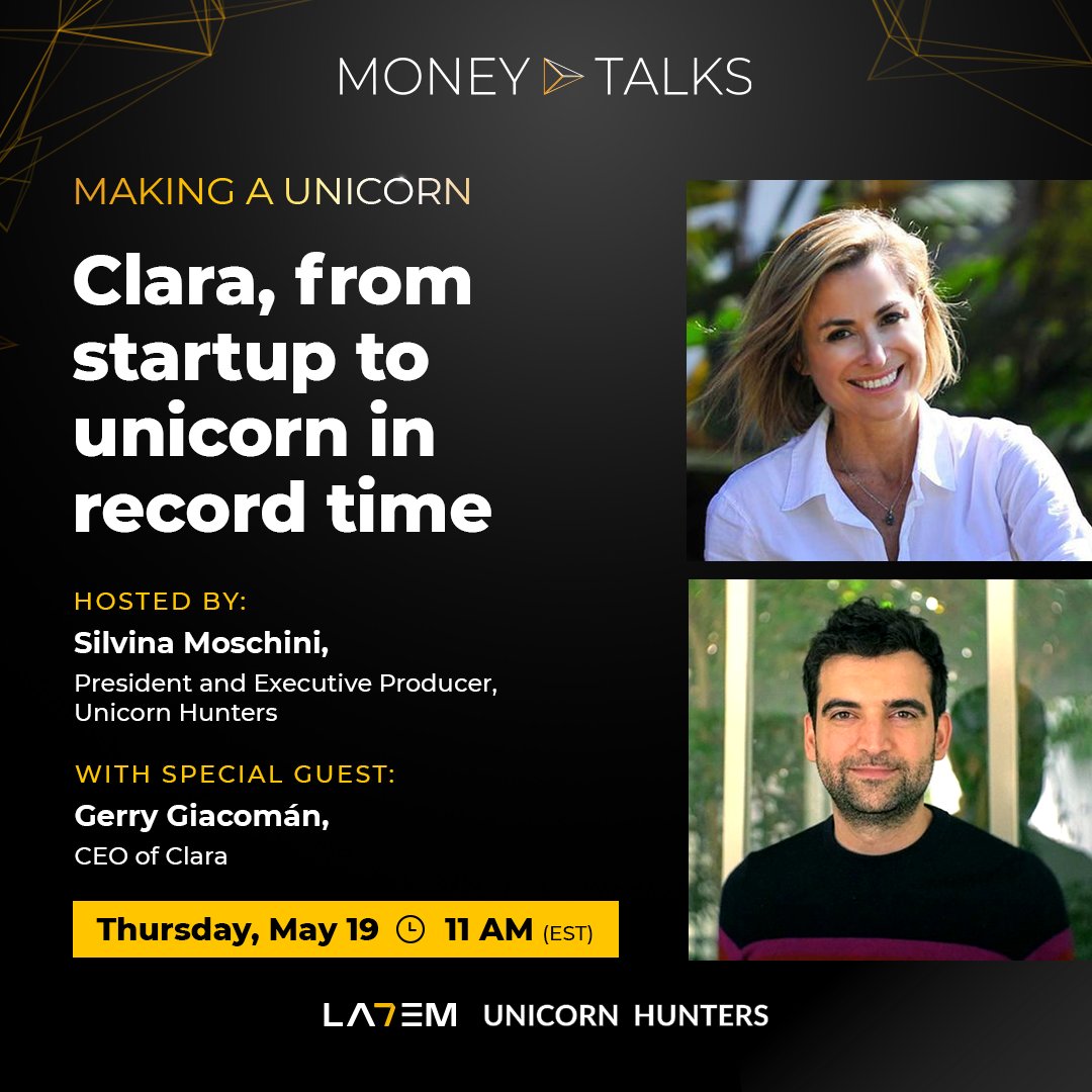 ¡Llegó el día! Empezamos 11 AM (EST) con esta edición de #MoneyTalks junto a <a href="/ggiaco/">Gerry Giacomán Colyer</a> de <a href="/GetClaraCard/">Clara</a> sobre su camino hasta alcanzar el status de unicornio!

-> Míralo en vivo: linkedin.com/video/event/ur… 

<a href="/_unicornhunters/">The Unicorn Hunters Show</a> <a href="/LA7EM_/">LA7EM</a> #makingaunicorn #investment #GrowthMindset
