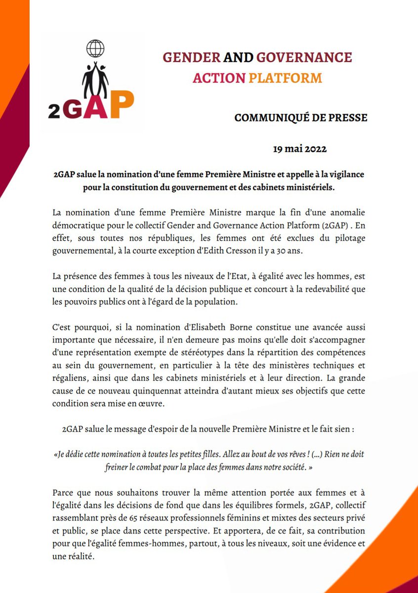 ➡️ Communiqué de presse : Nomination d'Élisabeth Borne

@2gap salue la nomination d'une femme au poste de Première ministre, seulement la deuxième en France, et rappelle l'importance d'un gouvernement paritaire, des ministères régaliens jusqu'aux cabinets ministériels.