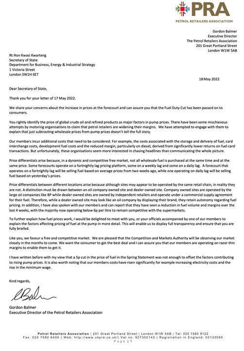 The PRA’s letter to Kwasi Kwarteng following concerns the Chancellor’s 5p Fuel Duty cut.