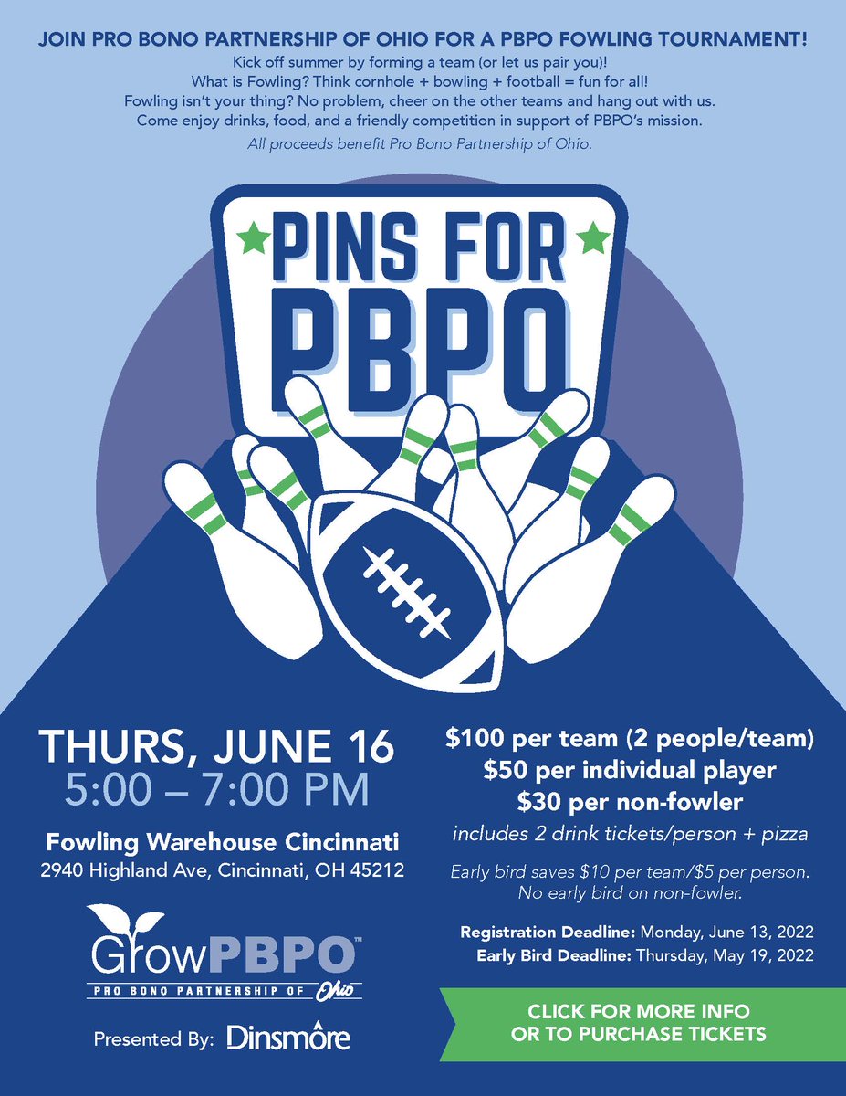 The early bird discount for Pins for PBPO ends TODAY! 

Don't miss your chance to save and sign up to fowl with us on June 16. What is fowling? Think cornhole + bowling + football = fun for all! 

Register here: conta.cc/3NnTkHZ

#fowling #fundraiser #PBPOhio