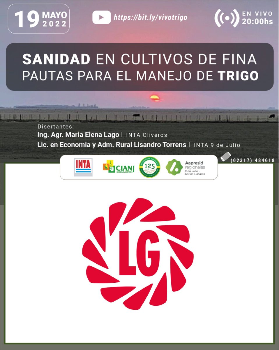 📌 HOY a las 20 hs. Sanidad en cultivos de fina. Pautas para el manejo de 🌾TRIGO. Conectate acá 👉bit.ly/vivotrigo

#deproductoraproductor
JUNTOS PRODUCIMOS MEJOR