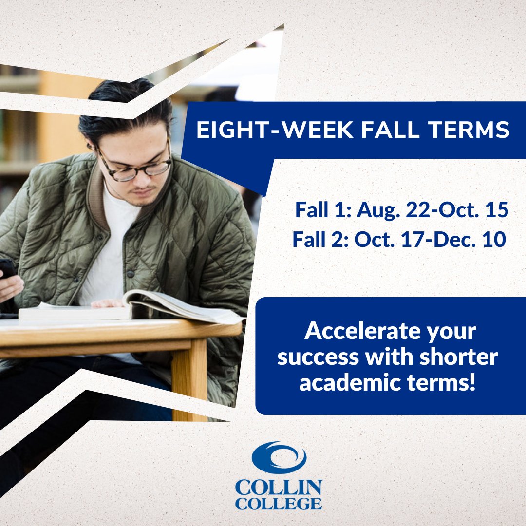 collincollege's tweet photo. Collin College’s #PlanoCampus is now offering 8 week semester options for Fall 2022! This is the perfect opportunity for students who are looking to:
➡️ Complete a course quickly
➡️ Focus on fewer courses at a time
➡️ Attend class once or twice a week
https://t.co/I9CDaIJqjS https://t.co/ANJHtz95VB