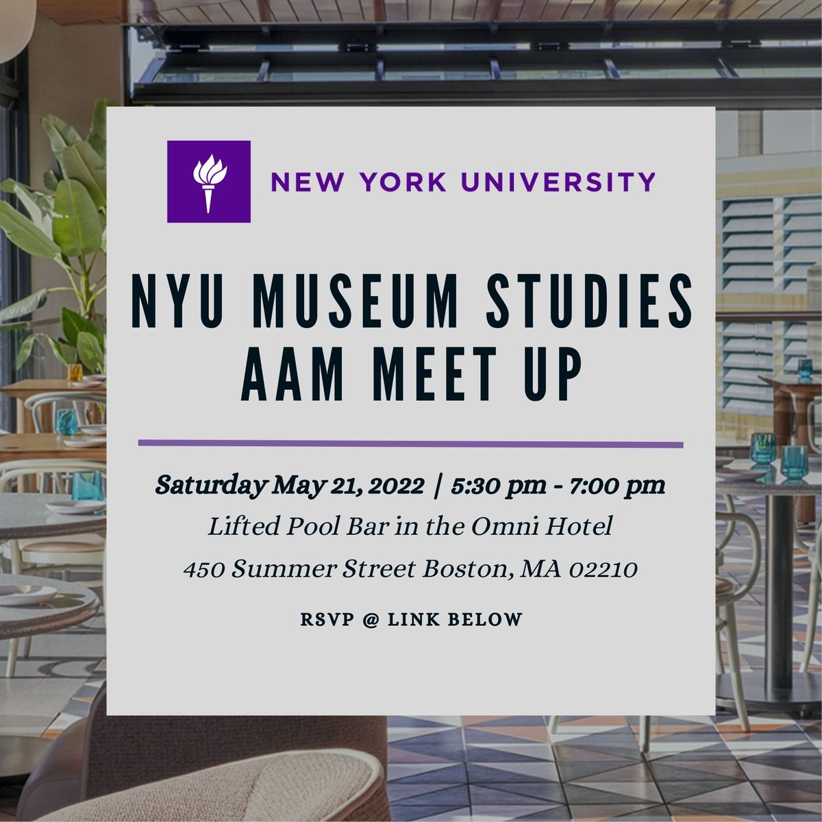Dear #AAMers, am sad to miss #AAM2022 (dang you, virus!) but #NYUAlum in attendance are invited to our annual #NYUMuseumStudies Alum Event Sat May 21 @ 5:30pm, tinyurl.com/NYUAAM2022... with seven (7) of our INCREDIBLE NYU students in attendance in Boston, more on that v soon!