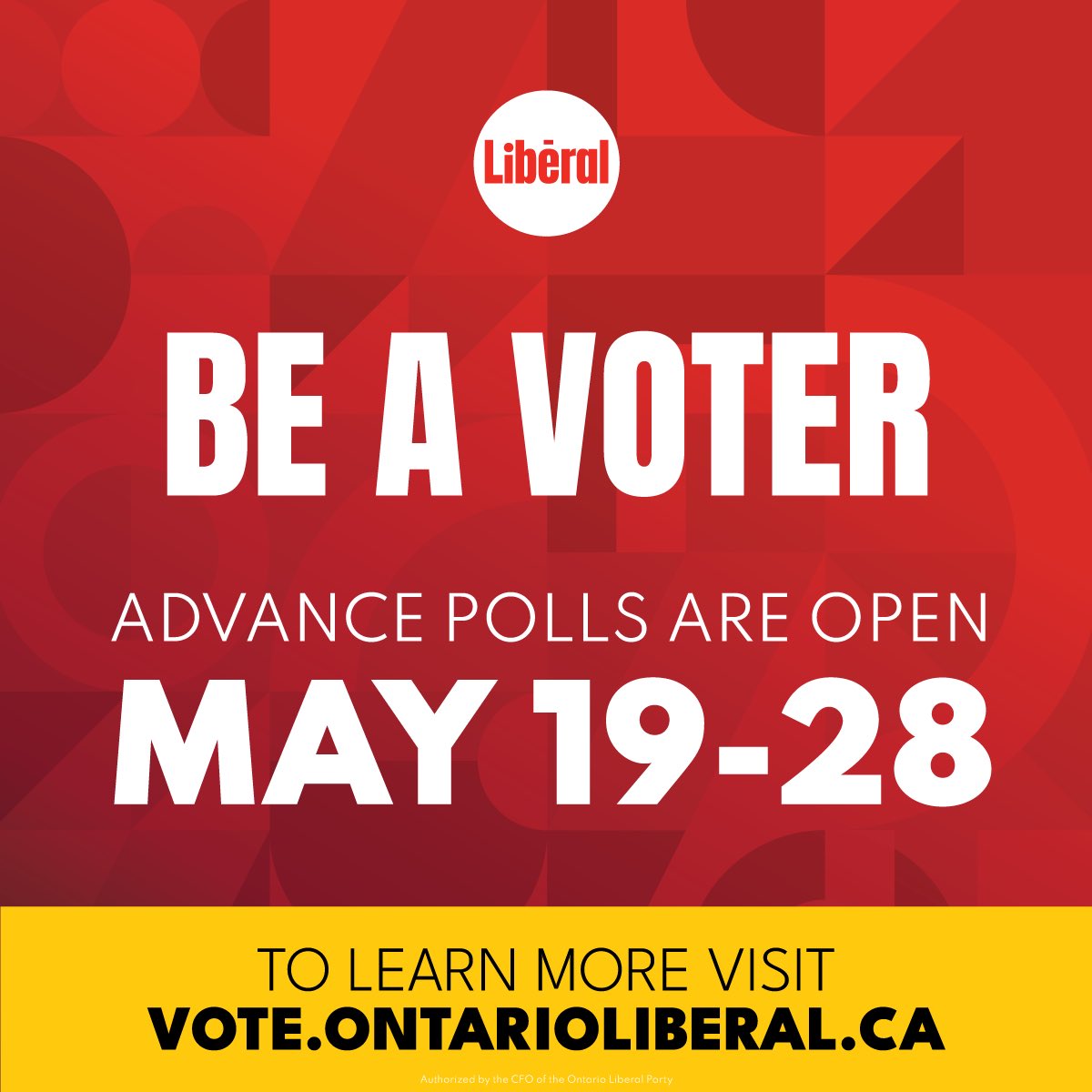 Advance polls are now open! It’s time to make your mark, Ontario.

Visit: vote.ontarioliberal.ca

#TheChoiceIsYours #onpoli #OntarioVotes