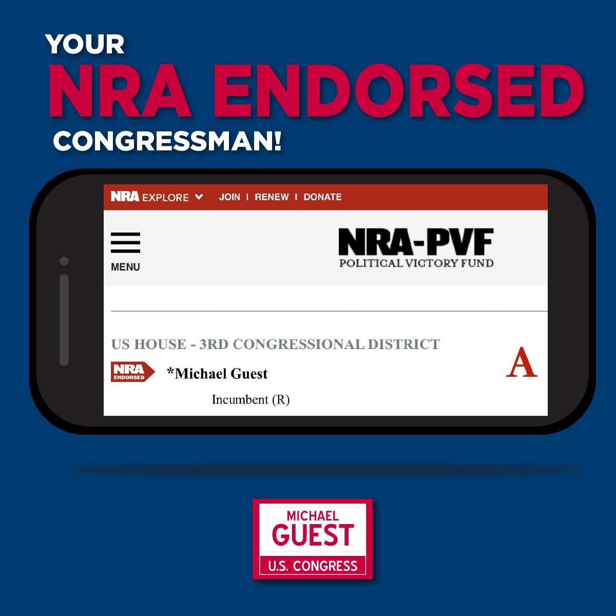 GuestCongress's tweet photo. Honored to receive the endorsement of the NRA for my work in protecting the Second Amendment. I will always fight to defend our Constitution and the sacred rights it guarantees. With your vote on June 7, I will continue to fight for your rights in Congress. JOIN #TeamGuest today! https://t.co/9EY5uC23Sc