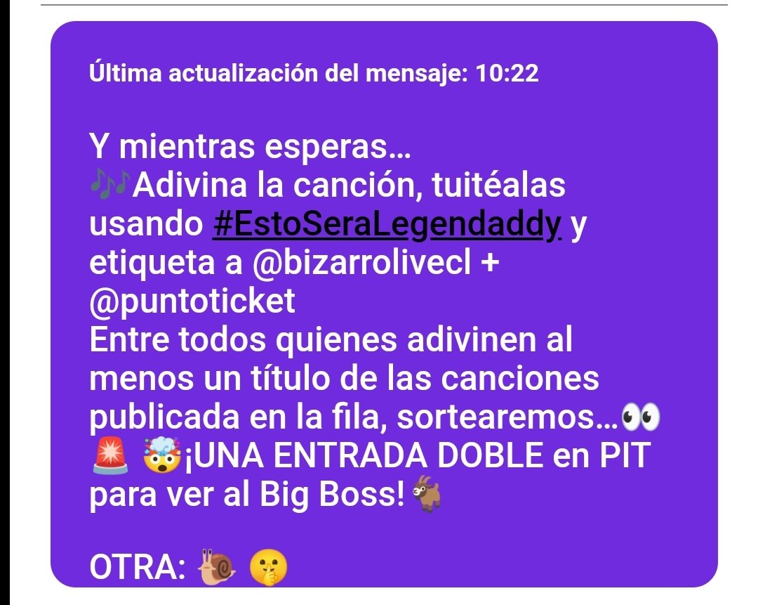 marce_22's tweet photo. Con calma 🎶 #estoseralegendaddy @bizarrolivecl @puntoticket https://t.co/MHUxHbnBR2