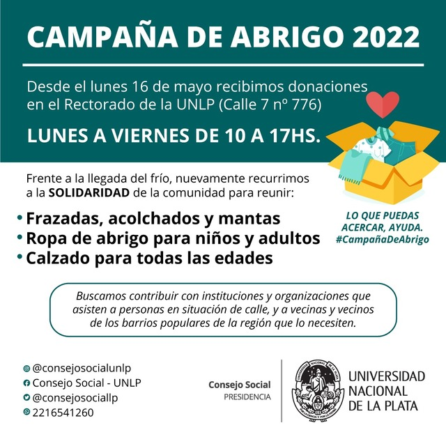 unlp's tweet photo. Frente a la ola de frío, te invitamos a ayudar a quienes más lo necesitan. Sumate a la Campaña de Abrigo del @consejosociallp #UNLP 🧥🥾🫂 https://t.co/h4qBqxAWR1