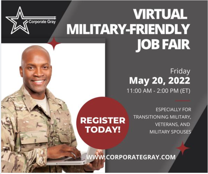 AMVETSCC's tweet photo. AMVETS Veterans, are you still searching for a job? We have just the virtual job fair for you, Corporate Gray is having a virtual job fair on May 20, 2022.
You can find all the details in the post below. https://t.co/WgSubcCgpr