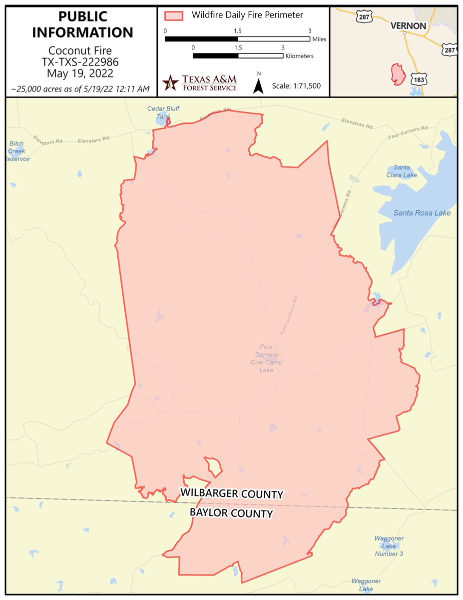 AllHazardsTFS's tweet photo. Public information map of the #CoconutFire in Wilbarger County showing an estimated 25,000 acres as of May 19, 2022. https://t.co/9tfGqiZHM4