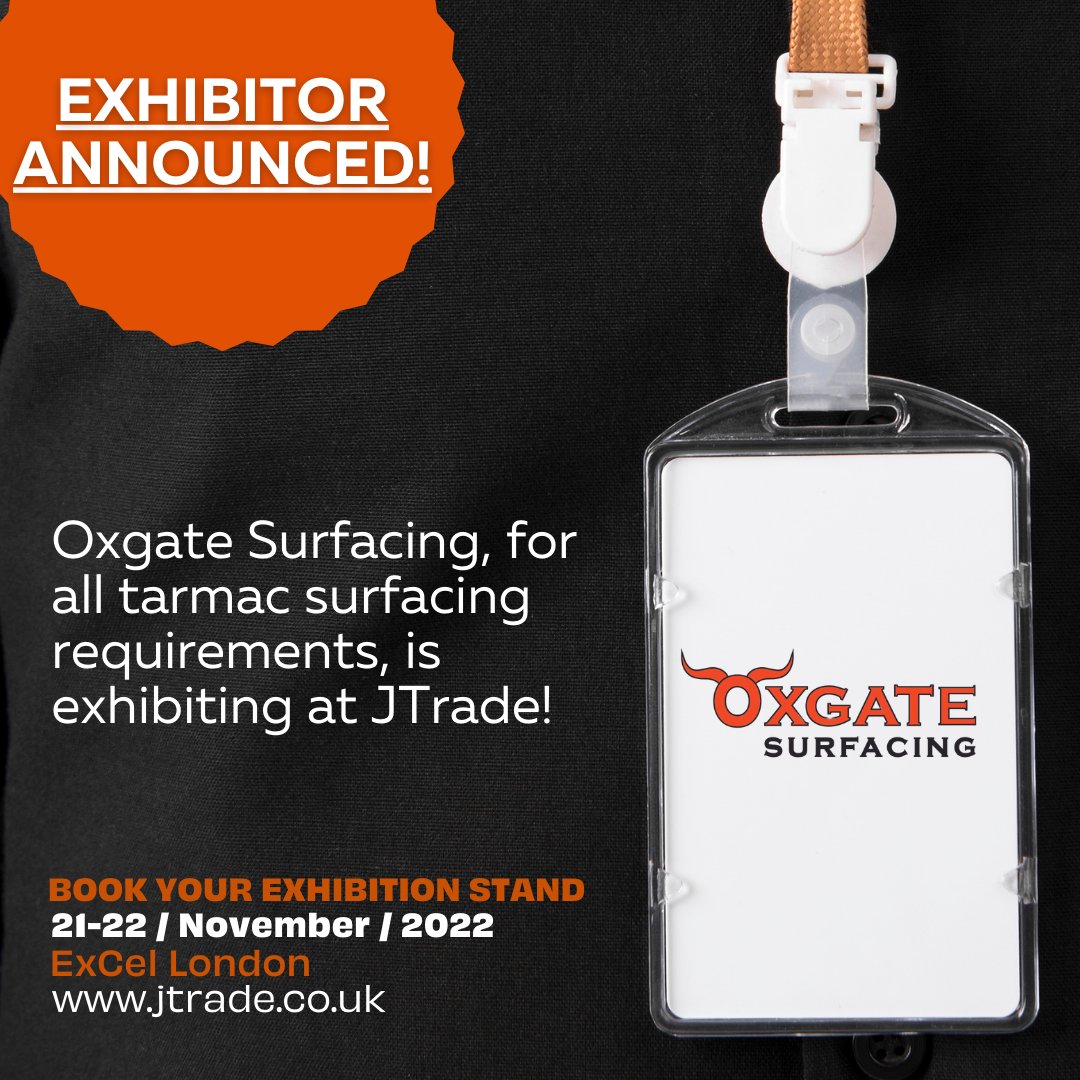 EXHIBITOR ANNOUNCEMENT!

Oxgate Surfacing, for all tarmac surfacing, providing unparalleled client service, is exhibiting at JTrade! 

>> jtrade.co.uk

#JTrade #JTrade22 #tarmac #tarmacsurfacing #surfacing #surfacesolutions