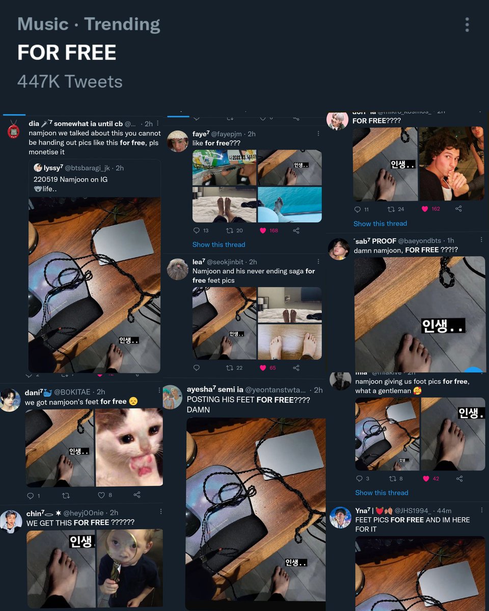 shy_taegi's tweet photo. 'FOR FREE' trending under music category and it's all thristy twts for joon's feet...TOTALLY UNDERSTANDABLE https://t.co/lTYKD9dw1g