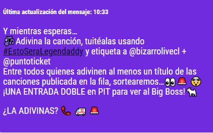 dutrella's tweet photo. LLAMADO DE EMERGENCIA!! a todas las unidades para que nos lleven a ver a Daddy <3 #EstoSeraLegendaddy @bizarrolivecl @puntoticket https://t.co/9zJzrdySlY