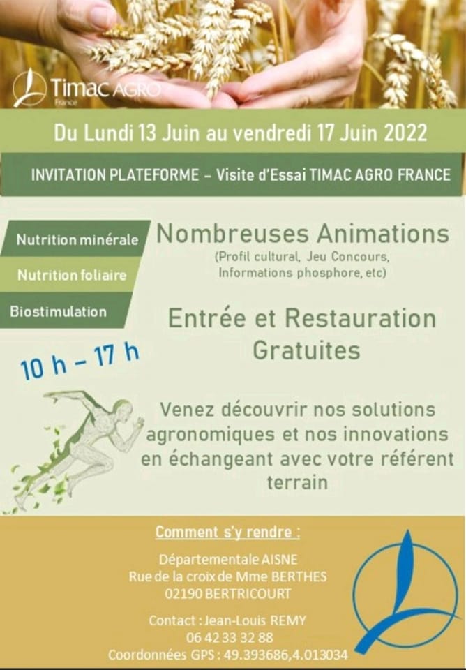 Vous êtes ou connaissez un.e agriculteur.trice proche du département de l’Aisne ?
On vous invite à la visite de la plateforme d’essai de <a href="/TimacAgro/">TimacAgro</a> !

Au programme :
Innovation, agronomie, optimisation du temps de travail et barbecue🍗

Venez nombreux !

#FrAgTw #agritech #agri