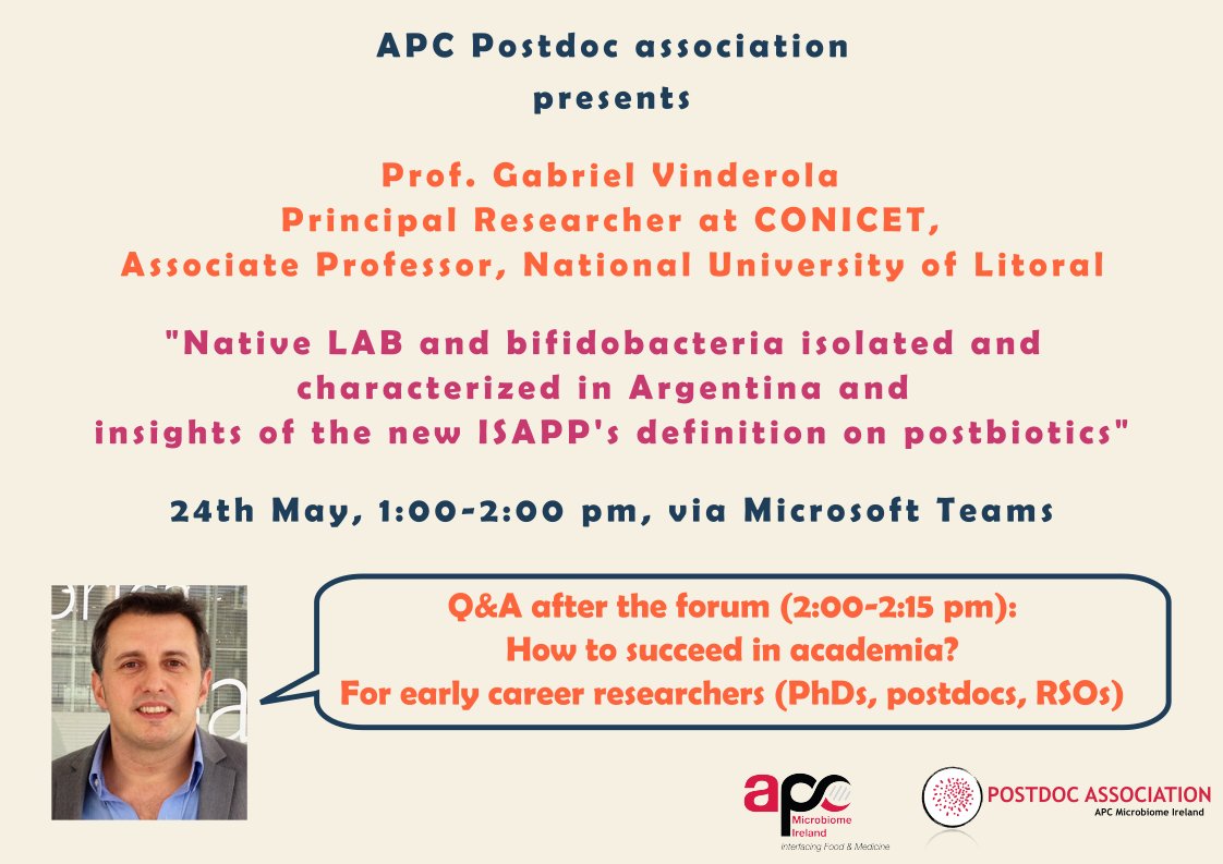 APCPostdoc's tweet photo. Prof. Gabriel Vinderola is our next speaker in the APC Forum external speaker series with an ensuing career Q&amp;A. Tune in next Tuesday 24th May at 1 pm for the talk and to discuss his work and career to date! @Pharmabiotic #postdocs #CareerDevelopment https://t.co/iwIcj1tmu1