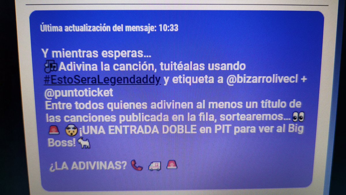 MisdelyM's tweet photo. #EstoSeraLegendaddy @bizarrolivecl @puntoticket Llamado de Emergencia https://t.co/lQJ2cgbhWb