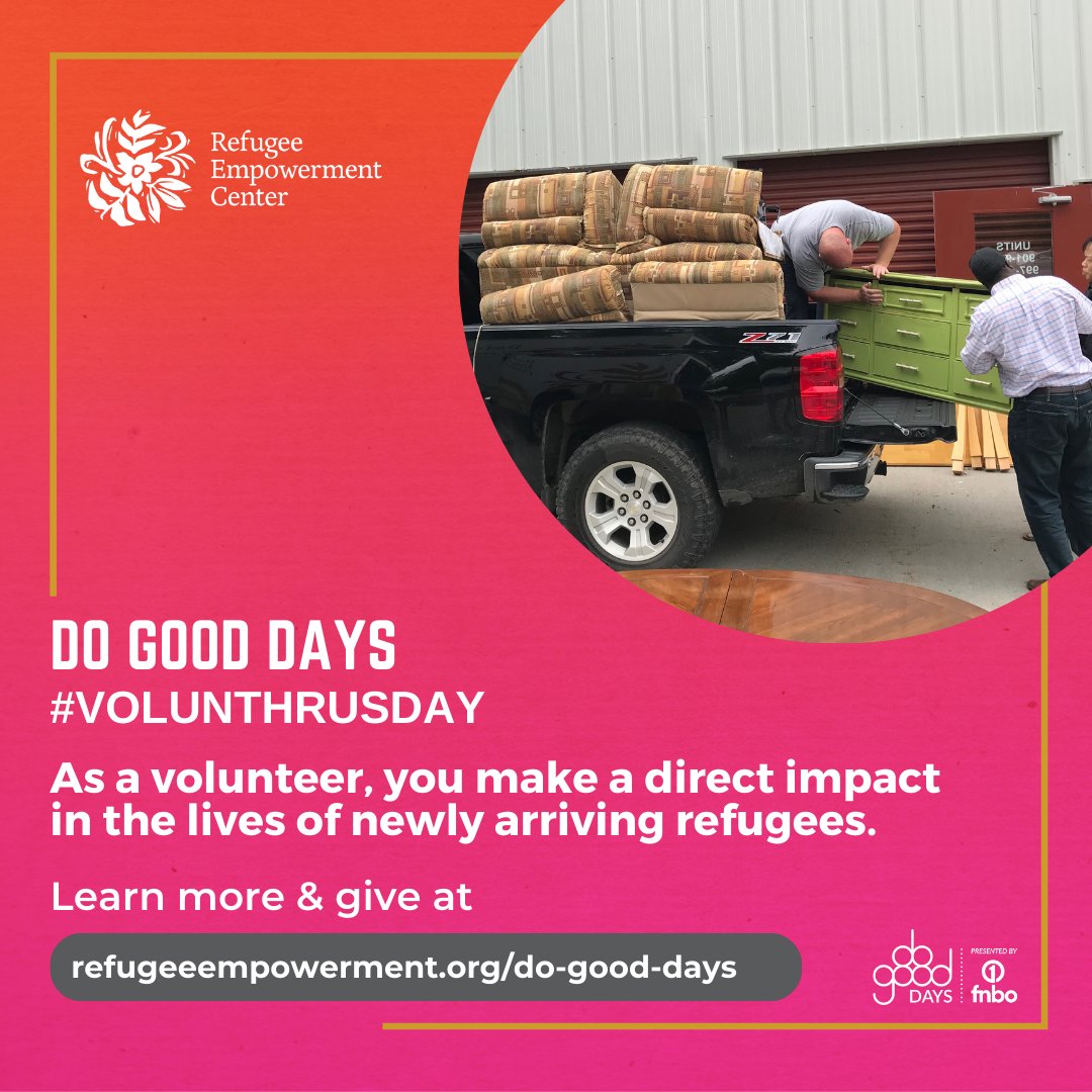 Happy Volun-Thursday! As a volunteer, you make a direct impact in the lives of newly arriving refugees. Can't volunteer? Cheer on our volunteers with a gift of $28.54 – the value of a volunteer hour.

Learn more and give at refugeeempowerment.org/do-good-days/

<a href="/SHAREomaha/">SHARE Omaha</a>  <a href="/fnbo/">FNBO</a>