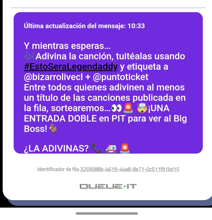 monicha_vero's tweet photo. La canción es LLAMADO DE EMERGENCIA 📢 @bizarrolivecl  @puntoticket #EstoSeraLegendaddy https://t.co/LVrg5hno3O