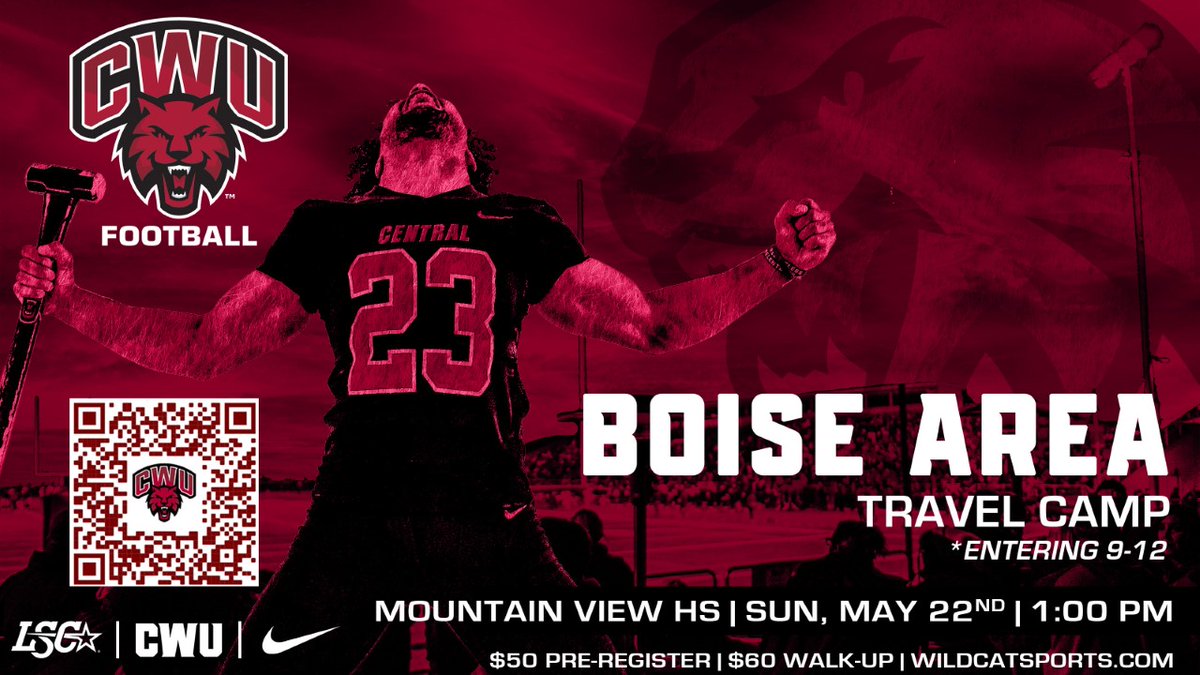 CWUFB's tweet photo. 🚨BOISE AREA🚨

Our Boise Prospect Camp is only 3 days away! Get ready to show up and show out! Make sure to sign up before all of the spots are filled! #GoCats #AllinAllTheTime

https://t.co/XEk0Nn0PJs https://t.co/DzZl4wuXYR