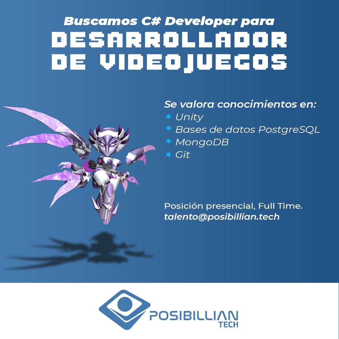 TechPosibillian's tweet photo. We are looking for you! If you meet all the requirements and you love videogames, send out your CV at talento@posibillian.tech
#PosibillianTech #gamedesignpy #GameLab #paraguayvideogames #gamedevelop #IGDA #startup #entrepreneur #emprendimiento #emprendedor #paraguay #werehiring https://t.co/pjrlpSzNeF