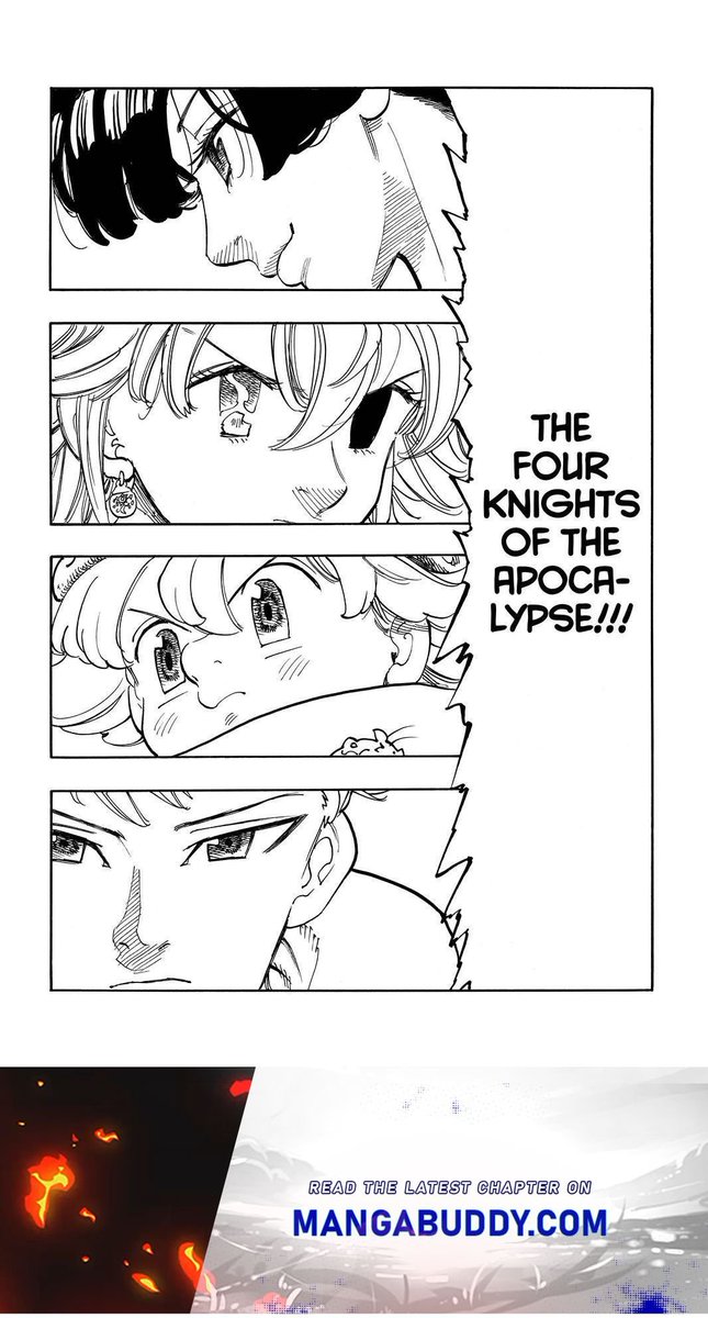 Trijosh1's tweet photo. The gang is all here! #FourKnightsoftheApocalypse #4KOA #Gawain #TristanLiones #Percival #Lancelot #Chapter61 #FourKnightsoftheApocalypseChapter61 #SevenDeadlySins #7DS https://t.co/X2BaFslxyd