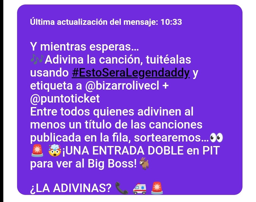marce_22's tweet photo. Llamado de emergencia 🎶 #EstoSeraLegendaddy @bizarrolivecl @puntoticket https://t.co/QjzSnqBBVk