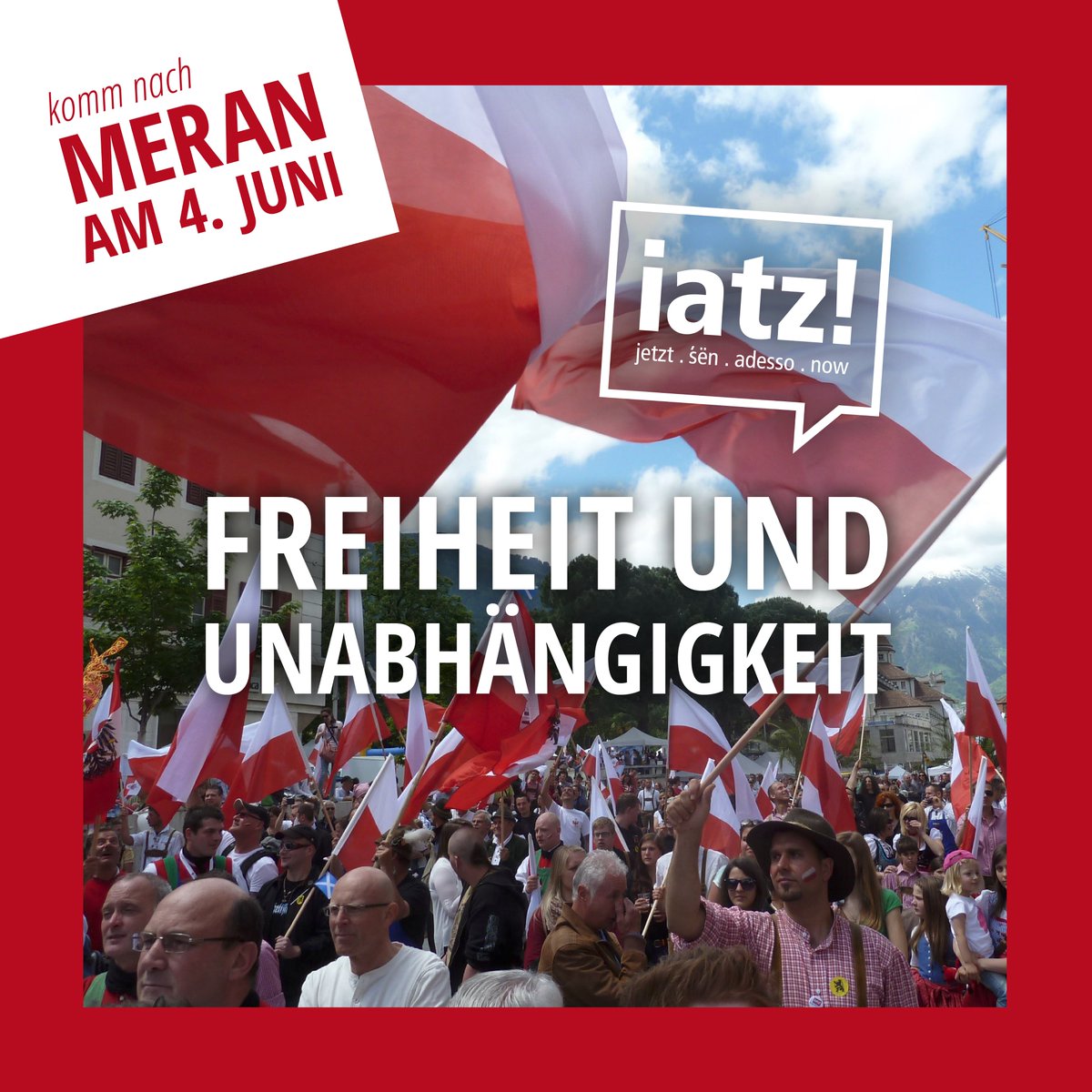 schuetzentirol's tweet photo. 𝗩𝗼𝗿𝗮𝗻𝗸𝘂̈𝗻𝗱𝗶𝗴𝘂𝗻𝗴: 𝗶𝗮𝘁𝘇!
Am 04. Juni 2022 ist es soweit und wir feiern gemeinsam in #Meran unter dem Motto: iatz! FREIHEIT UND #UNABHÄNGIGKEIT
▶ https://t.co/9tYmeECqRa
▶ https://t.co/HsJhwgxcSZ
#südtirol #tirol #iatz #freiheit #ssb #independence #freedom https://t.co/GcVfBEzjXJ