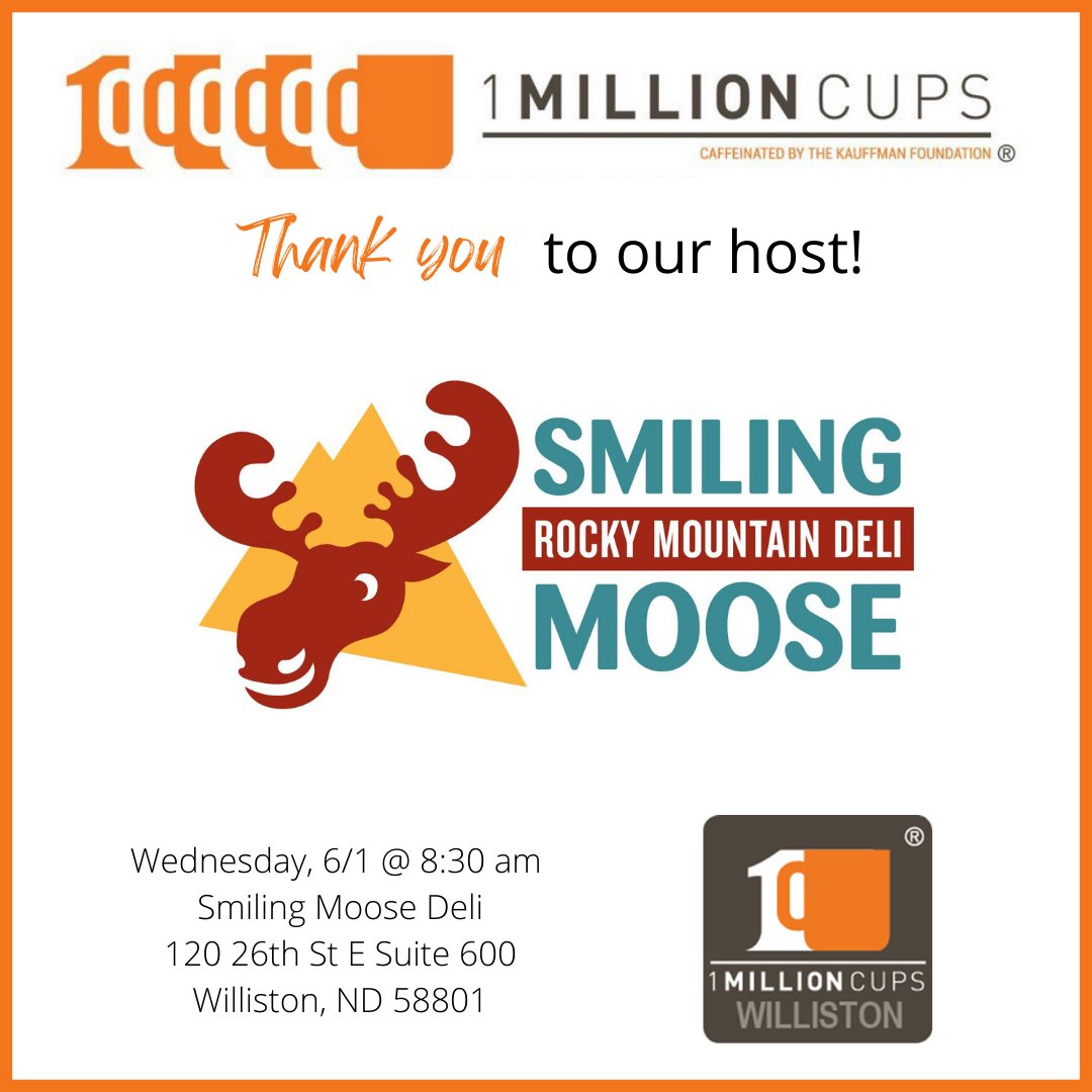 1MillionCupsWST's tweet photo. Thank you to Smiling Moose Rocky Mountain Deli for being apart of the community and hosting our 1 Million Cups meeting! 

Join us on June 1st at 8:30 am to learn more about local businesses and entrepreneurs. https://t.co/HIIBjYdNSr