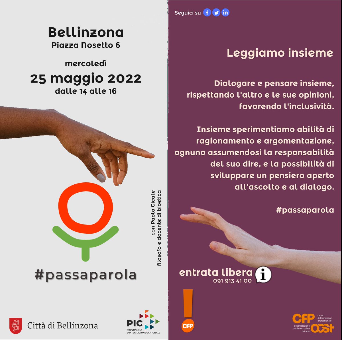 Sosteniamo l’integrazione di persone di origine straniera tramite incontri di socializzazione in lingua italiana, che si rivolgono a tutte le persone residenti nel nostro Cantone; svizzeri, domiciliati, dimoranti e persone con un permesso F+7 sono tutti i benvenuti! 
#passaparola