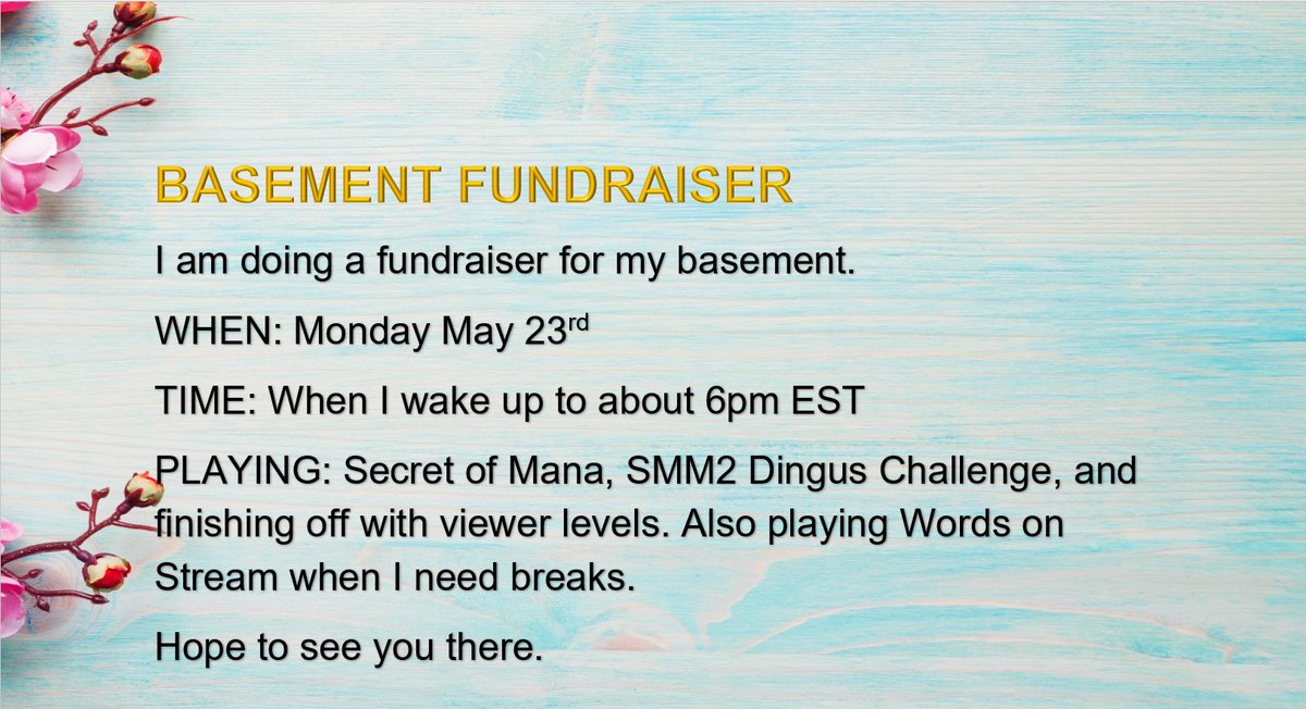 Fundraising for my basement on Twitch. Come join me in Flea's Market on Monday! 💙💙