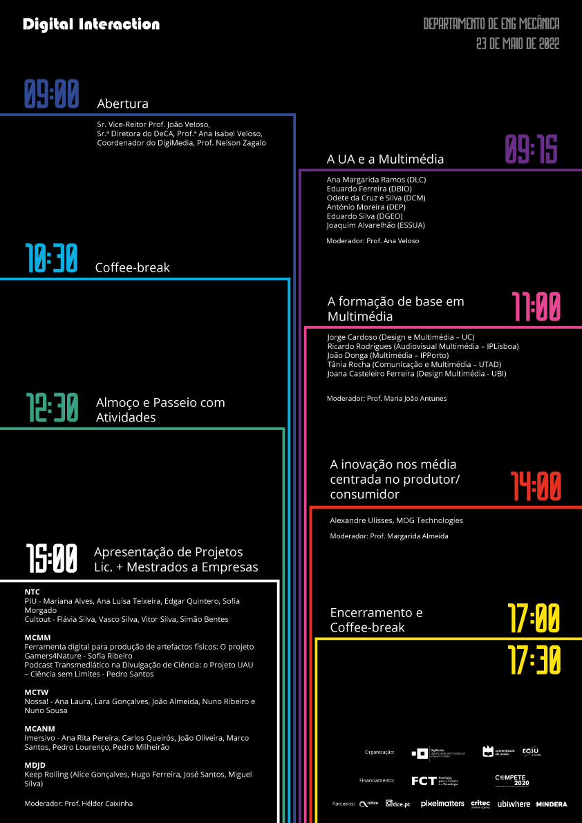 E aqui está o programa do Digital Interaction Day 2022🥳!!! O evento vai decorrer dia 23 das 9h às 17:30h, marca já no teu calendário!😜
#UniversidadeDeAveiro #DeCA #DigitalInteraction