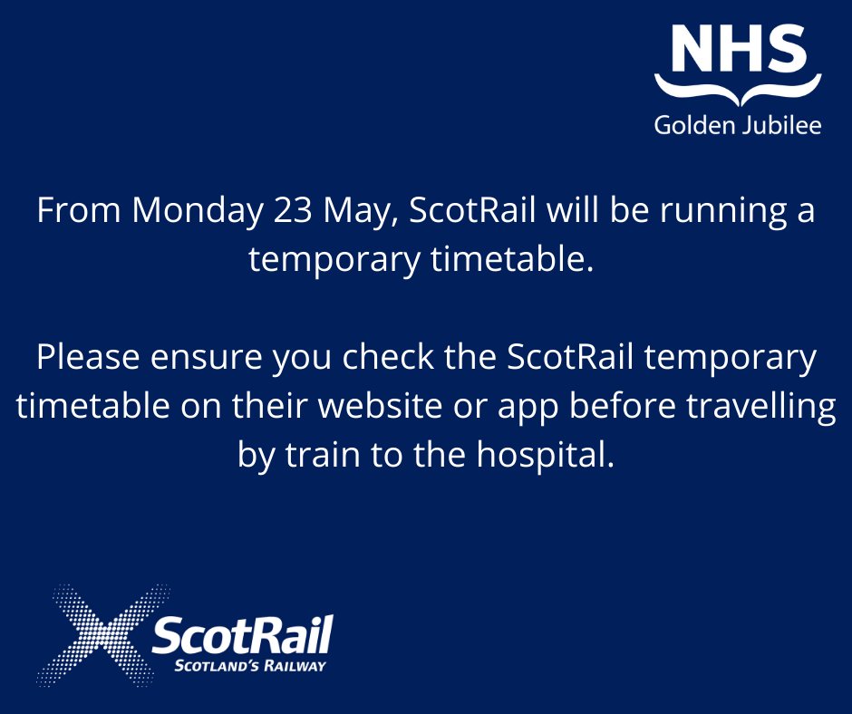 JubileeHospital's tweet photo. ⚠️Changes to @ScotRail timetable from 23 May 
Click here to view the temporary timetable 👉https://t.co/By7GEz5UgQ https://t.co/jvLt6FGtMM