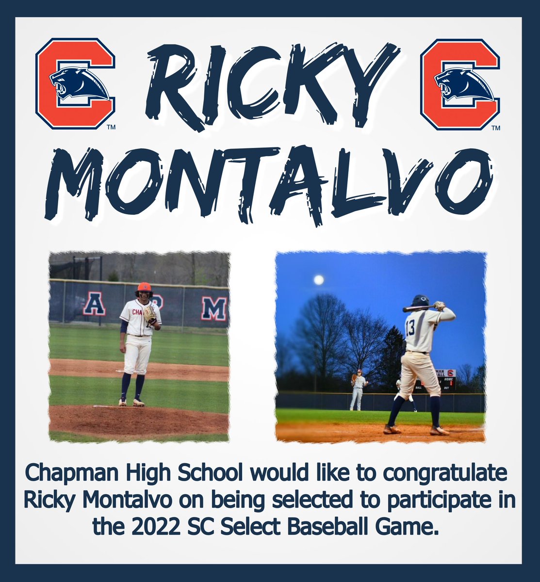 CHSBaseball1954's tweet photo. Congrats to @RickyMontalvo8 for being selected to play in the 2022 SC Select All-Star Game on March 31st &amp; June 1st. 

@CHS_AthlDept 
@spartanburgone 
@SamBAlbuquerque 
@FerrellonFM983 
@BSSportsJournal https://t.co/QPsu9gsgCN