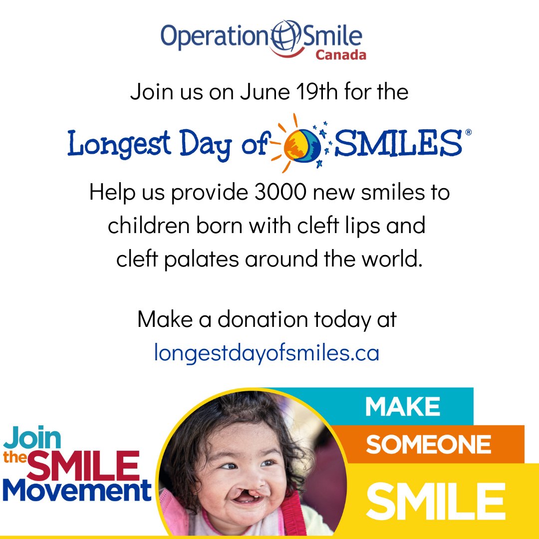 OpSmileCAN's tweet photo. Your generous gift will be doubled from now until June 19th, 2022, when you donate at the https://t.co/CW4W2Gy74M
#longestdayofsmiles #jointhesmilemovement #cleftlip #cleftpalate #operationsmilecanada #smile #cleftsurgeries #cleft #healthcare #newsmiles https://t.co/gfTcU51427