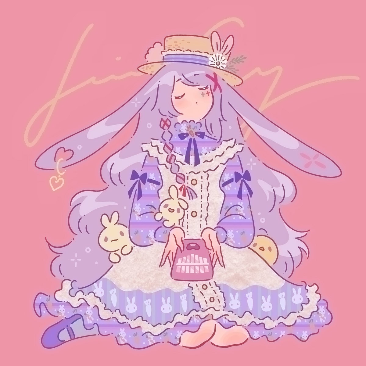 1girl hat dress long hair rabbit ears closed eyes solo  illustration images