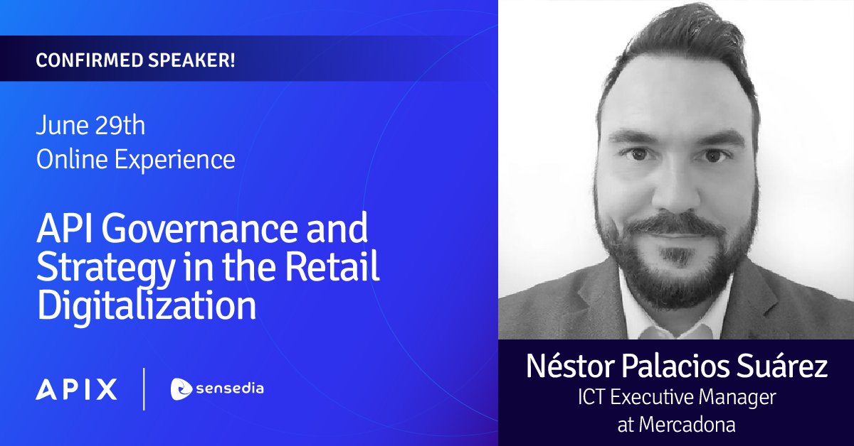 Sensedia's tweet photo. Néstor Palacios Suárez, the ICT Executive Manager at Mercadona - a Spanish supermarket chain with over 1600 shops -, is another global brand confirmed in the #APIX2022 online journey. 🌍✅
Get your ticket now:
https://t.co/MVgsUAoRR0
#APIX2022 #Sensedia #APIs #Open #Innovation https://t.co/AEDNH0UNhb