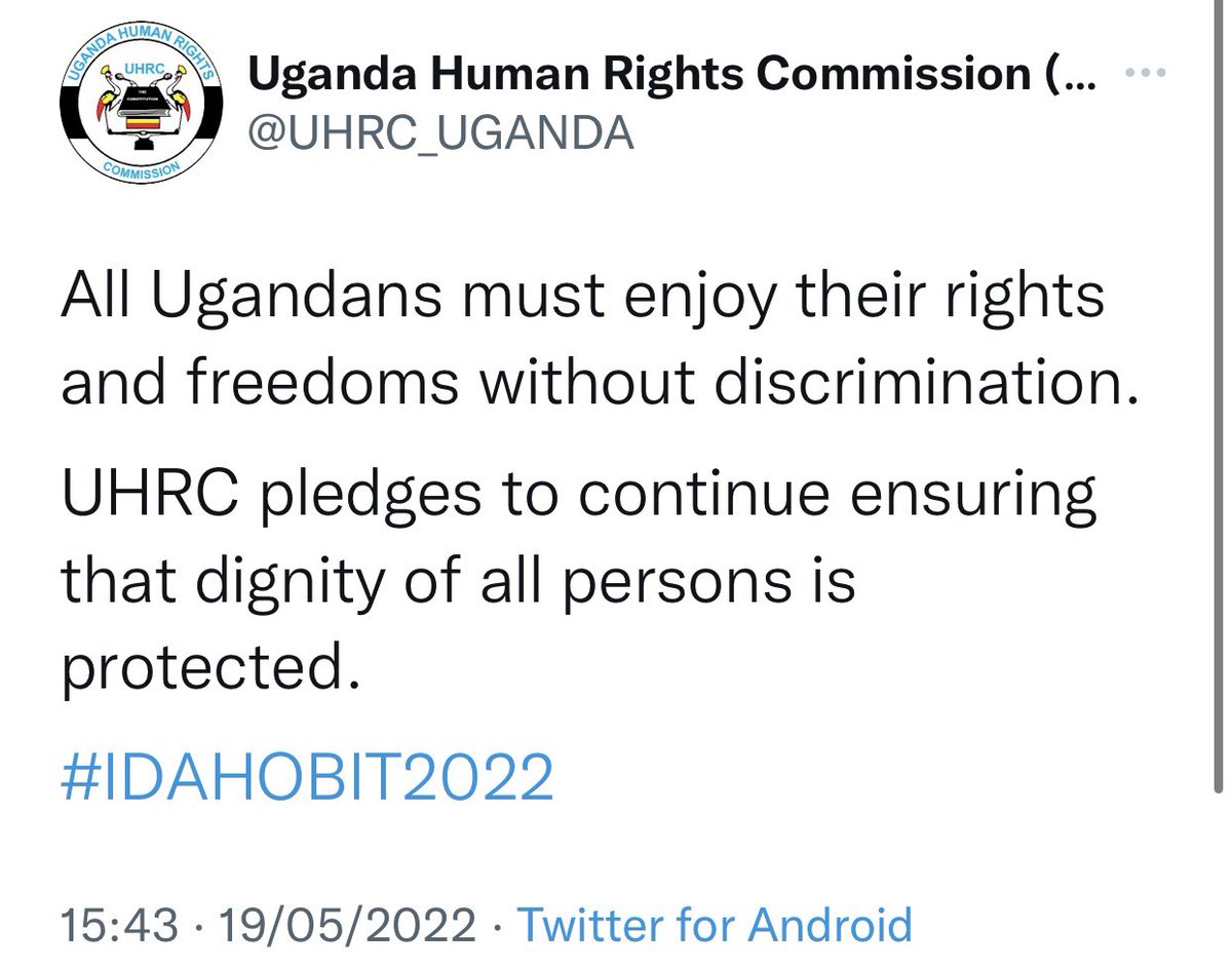 Let me keep this screenshot here @UHRC_UGANDA reminds us of the unconditional enjoyment of Human Rights as the Constitution Clearly States. #IDAHOBIT2022