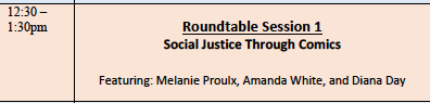 ComicsBD's tweet photo. Coming up at 12:30 (ET) we have concurrent roundtables. Roundtable session 1 is titled "Social Justice Through Comics" featuring @Mel_Proulx , Amanda White, and Diana Day. #CSSCSCEBD #Congressh 
Schedule: https://t.co/7XbL3vQ55Z https://t.co/F2t8sDwk7T