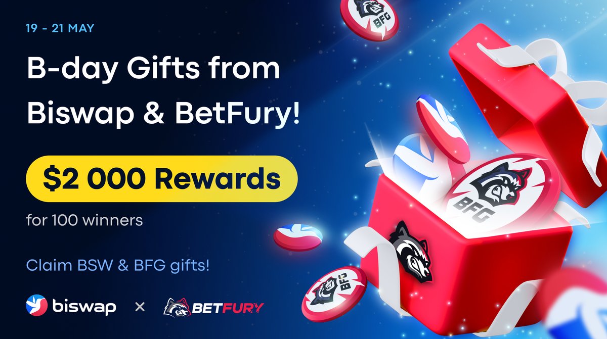 🎁Biswap &amp; BetFury B-day Gifts!🎁

📅May 19 - 21
👑100 Winners
💰Prize: $1K in $BSW &amp; $1K in $BFG

1️⃣ Follow <a href="/Biswap_Dex/">Biswap</a> &amp; <a href="/betfury_gaming/">BetFury</a>
2️⃣Quote RT with BEP-20 wallet 
&amp; add a birthday phrase with a festive emoji 
3️⃣ Fill out the bit.ly/3NqFh4I

#BiswapAnniversary
