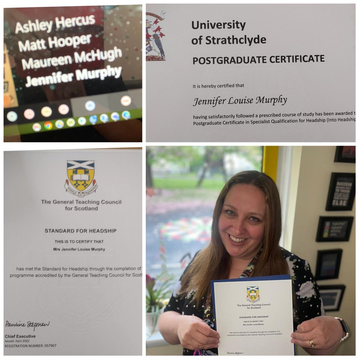 MrsMurphyHT's tweet photo. An emotional day,as I graduated from @UniStrathclyde.I'm so proud of all my colleagues who graduated today with me! Despite covid keeping us apart,our passion for education and ambition for our young people brought us together.Well done cohort 6! #leadGTCSES #EdScotI2H #EdScotInH https://t.co/KW6ARgWxlK