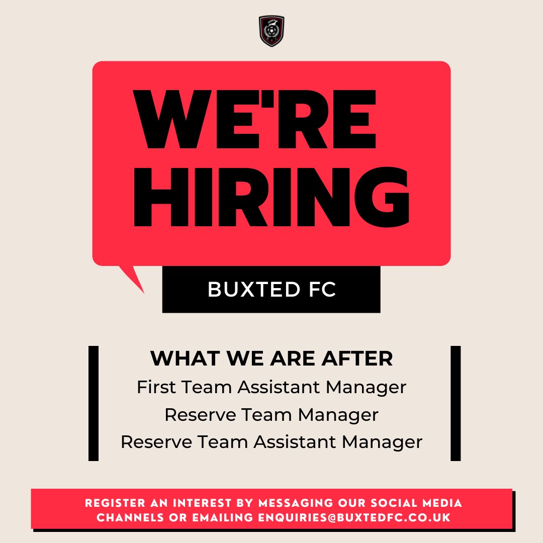 Buxted Football Club (@buxtedfc) on Twitter photo ๐จ
Excited to say we have roles opening up for the 2022/23 season and beyond! If any of the roles below interest you and you want to be part of a club with huge potential, please drop us a message on any of our social channels or email enquiries@buxtedfc.co.uk
<a href="/midsussexleague/">Official Mid Sussex Football League โฝ๏ธ</a> ๐จ
Excited to say we have roles opening up for the 2022/23 season and beyond! If any of the roles below interest you and you want to be part of a club with huge potential, please drop us a message on any of our social channels or email enquiries@buxtedfc.co.uk
<a href="/midsussexleague/">Official Mid Sussex Football League โฝ๏ธ</a>
