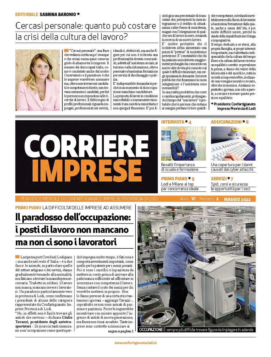 ConfartLodi's tweet photo. Il lavoro c'è, ma mancano i lavoratori. In edicola con @ilCittadinoLodi il nuovo numero del Corriere Imprese: in primo piano l'inchiesta sulla difficoltà di reperire manodopera in provincia di #Lodi. #Lodigiano #lavoro #PMI #artigianato #occupazione https://t.co/O0U6rBUFdu