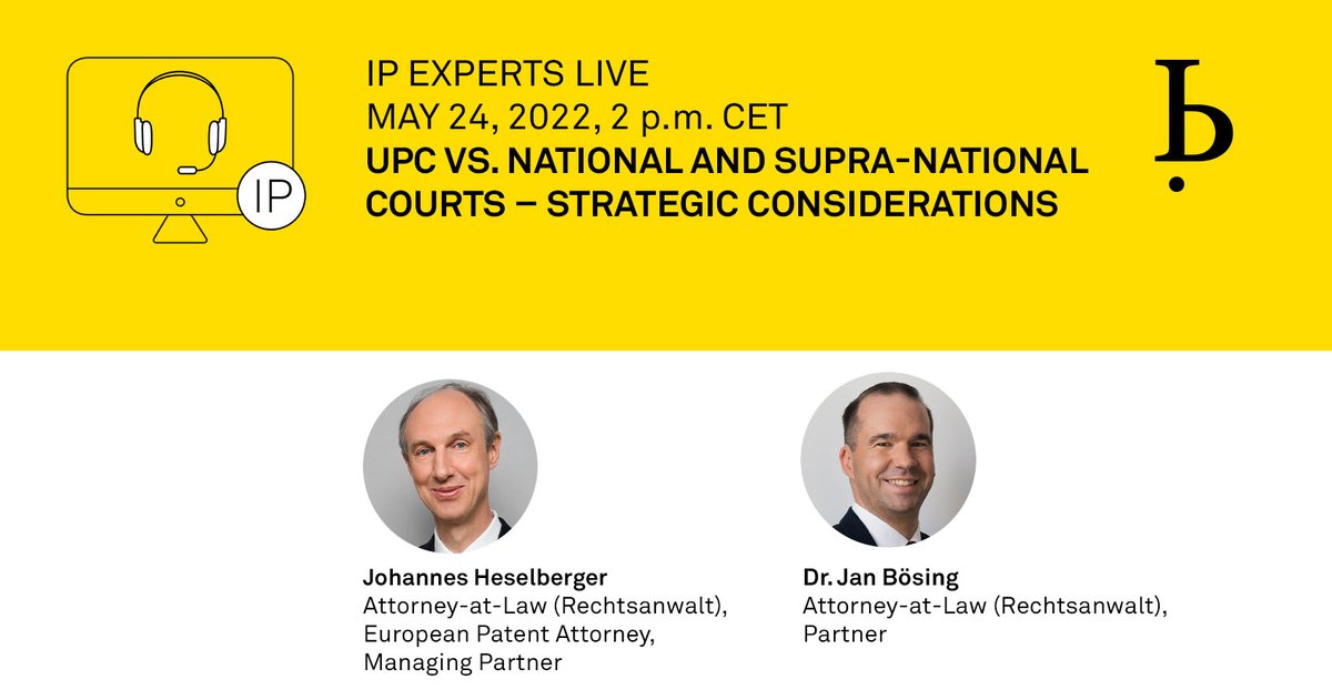 bardehleIP's tweet photo. #IPExpertsLIVE
❓Are you looking for an up-to-date introduction to the new UPC? Do you need to decide how to strategically prosecute and manage your patent portfolio for the UPC? 

💡Register for this webinar now to find answers: https://t.co/5lR2fo9loY

#IntellectualProperty https://t.co/iMC1JE35bW
