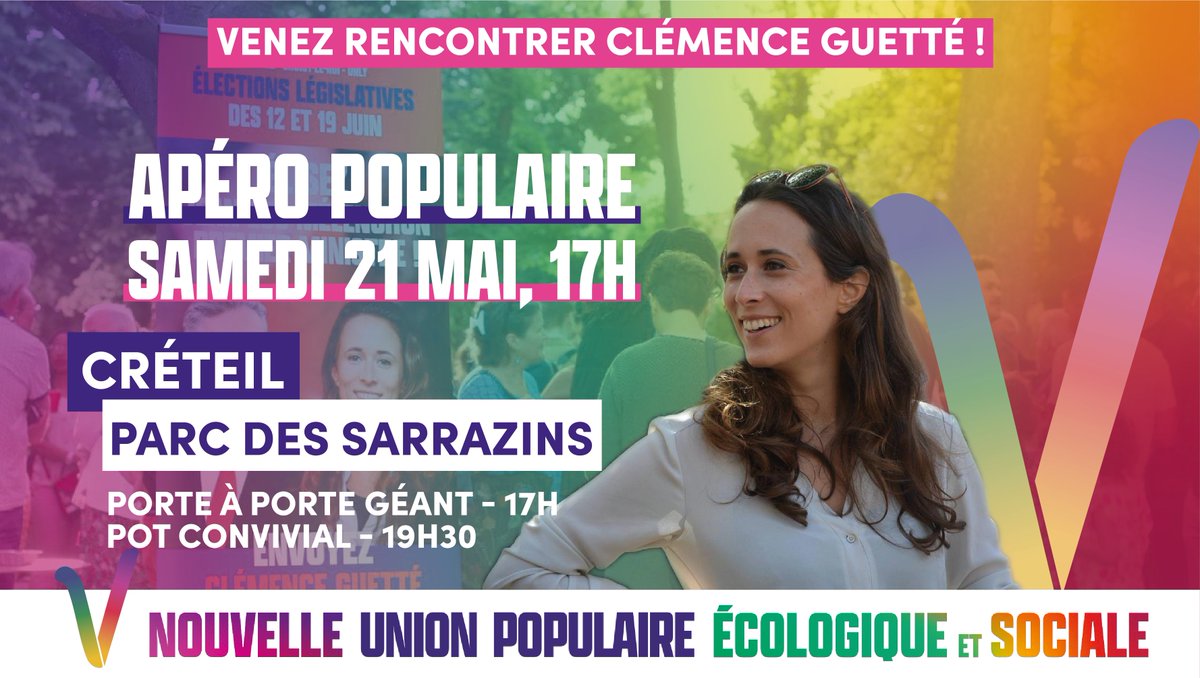 Clemence_Guette's tweet image. 💥 Ce samedi, tous à Créteil !

Je vous invite à vous joindre à nous ce samedi pour un grand apéro populaire et un porte-à-porte géant !

Il nous reste 4 semaines avant le premier tour de ces élections législatives. Rassemblons toutes nos forces !

#NUPES