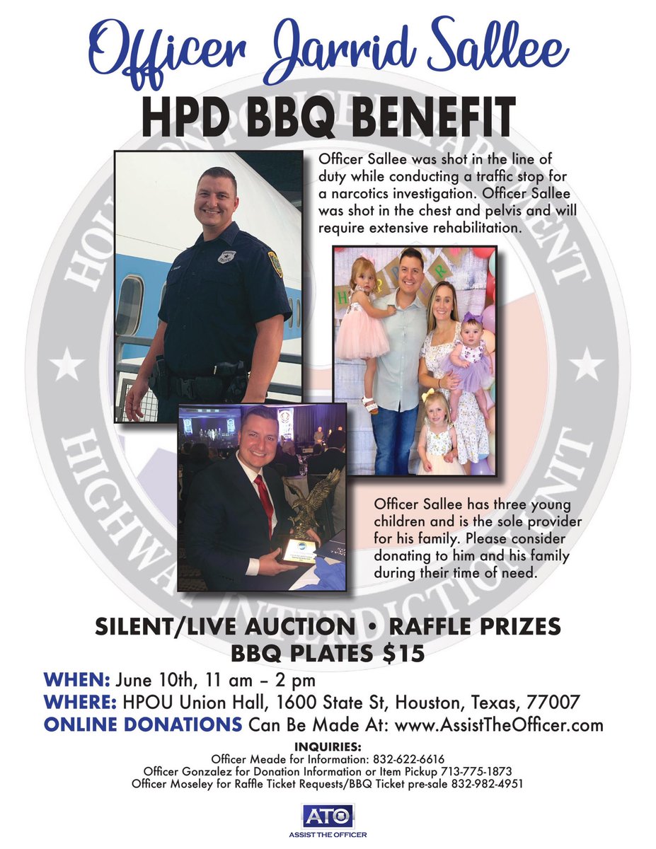 ATOHouston's tweet photo. Officer Jarrid Sallee was hot in the line of duty and will require extensive rehabilitation.  He has three young children and is the sole provider for his family. Please consider donating to him and his family during their time of need at https://t.co/e7aabIUnfD https://t.co/bmDI78gWa4