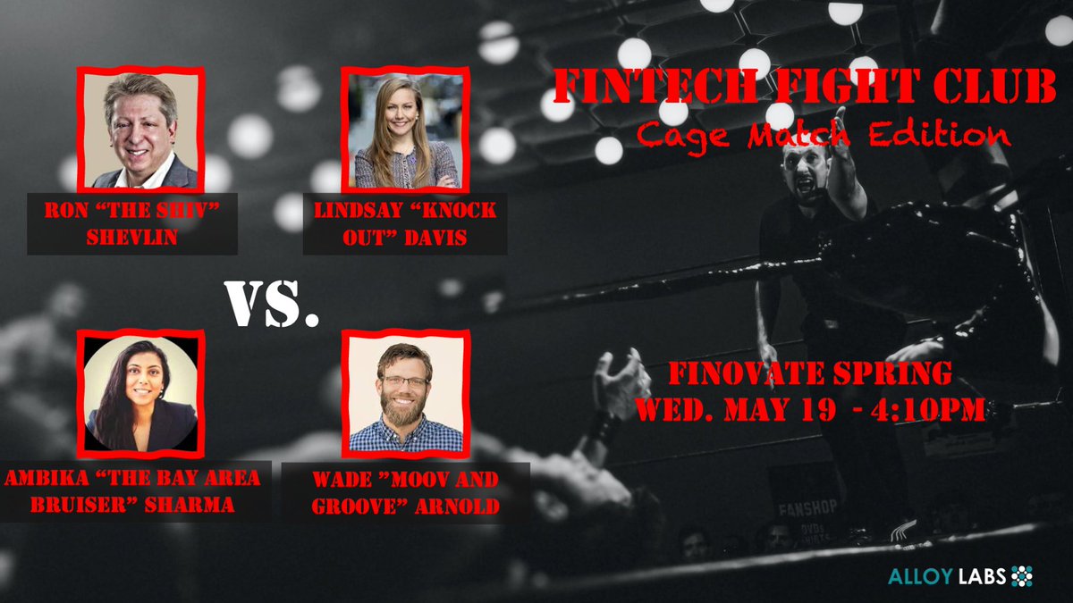 JPNicols's tweet photo. Day 2 of #FinovateSpring coming up. Be sure to stick around for the special Fintech Fight Club cage match: @rshevlin vs. @lcdavis1225 vs. @wadearnold vs. @ambika_sh Today at 4:10 on the main stage. Please hide any loose folding chairs. https://t.co/Sa8h8ateG8