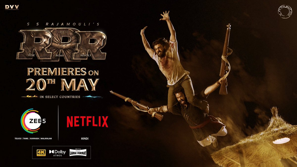 aarjun_official's tweet photo. Relive India’s Biggest Action Drama in the comfort of your home. 🔥🌊🙌🏻

#RRRMovie will be streaming in Premium Large Format on @ZEE5India &amp; @NetflixIndia from tomorrow in select countries. 

Delivering the best, in the best possible way for you :) 

Few hours to go! https://t.co/xuNQuwTVAK