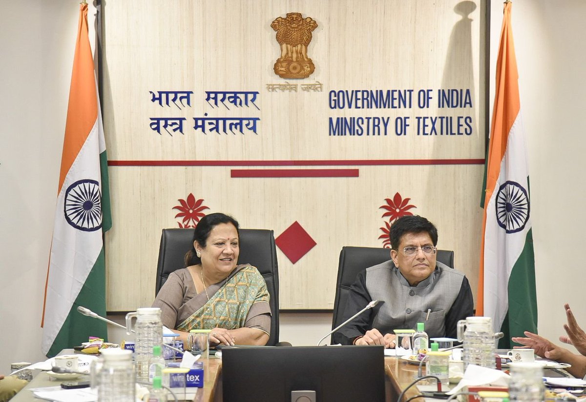 PiyushGoyal's tweet photo. Held a review meeting of the  Ministry of Textiles. 

Discussed progress achieved in various Govt. schemes and on ways to enhance productivity &amp; quality of the sector for the benefit of our weavers &amp; farmers. 

Modi Govt. is committed to make India a global textiles hub. https://t.co/kidIGqqxMe