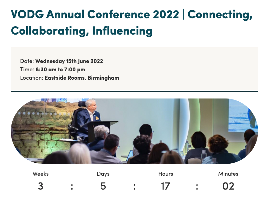 VODGmembership's tweet photo. There's ONLY THREE WEEKS left for member CEOs, directors and trustees to book their place at the VODG Conference 2022!
Visit our website for more details and book your place today! https://t.co/eT34RSmNML
#VODGConf22 #memberconference #ConnectingCollaboratingInfluencing https://t.co/VMUngXuMw5